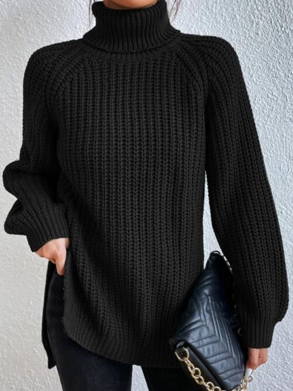 Bellaso – schwarzer, grob gerippter rollkragen-langarmpullover für den frühling