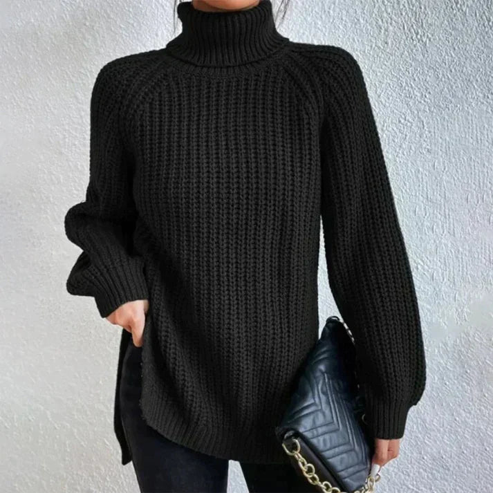 Bellaso – schwarzer, grob gerippter rollkragen-langarmpullover für den frühling