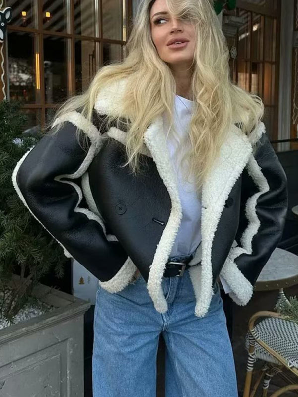 Schneider Mode | Modisch Damen-Pilotjacke mit Lammfellimitat und Kontrastnähten