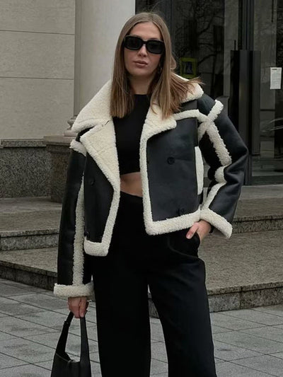 Schneider Mode | Modisch Damen-Pilotjacke mit Lammfellimitat und Kontrastnähten